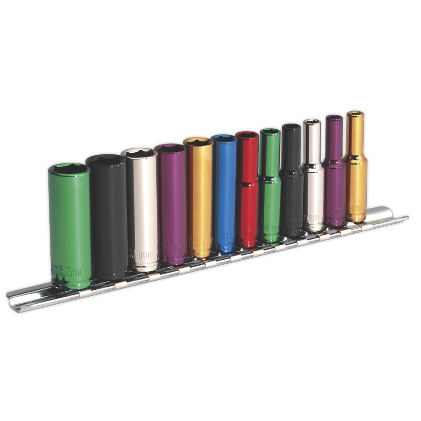 Multi-coloured Socket Set12 Piece 1/4" Square Drive Deep WallDrive Metric