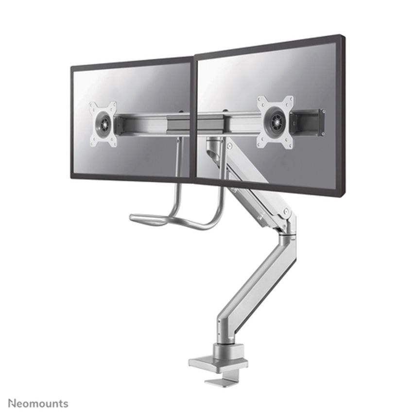 Neomounts by Select NM-D775DXSILVER Full Motion Dual Desk Mount (Clamp & Grommet) with Crossbar and Handle for Two 10-32" Monitor Screens, Height Adjustable (Gas Spring) - Silver