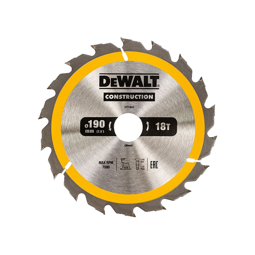Portable Construction Circular Saw Blade 190 x 30mm x 18T DEWDT1943QZ