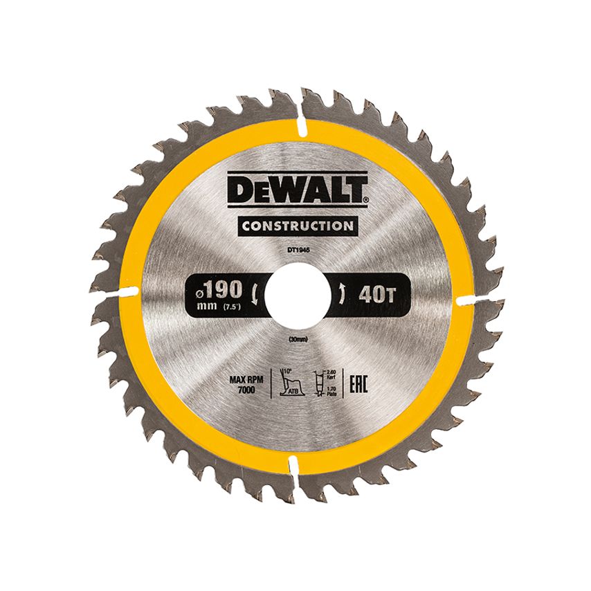 Portable Construction Circular Saw Blade 190 x 30mm x 40T DEWDT1945QZ