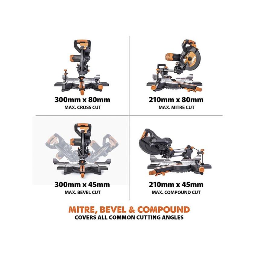 R255SMS-DB+ Multi-Material Sliding Mitre Saw 255mm 2000W 240V EVLR255SMSDB