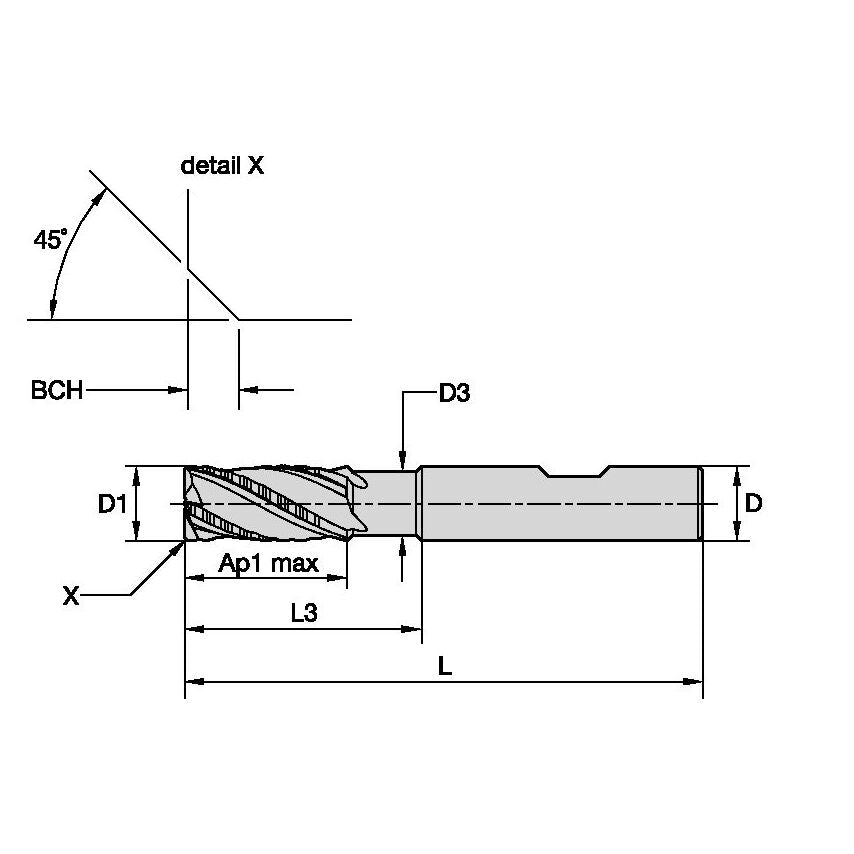 RUDC0600B3BN End Mill Rougher Long B D=6 Z3