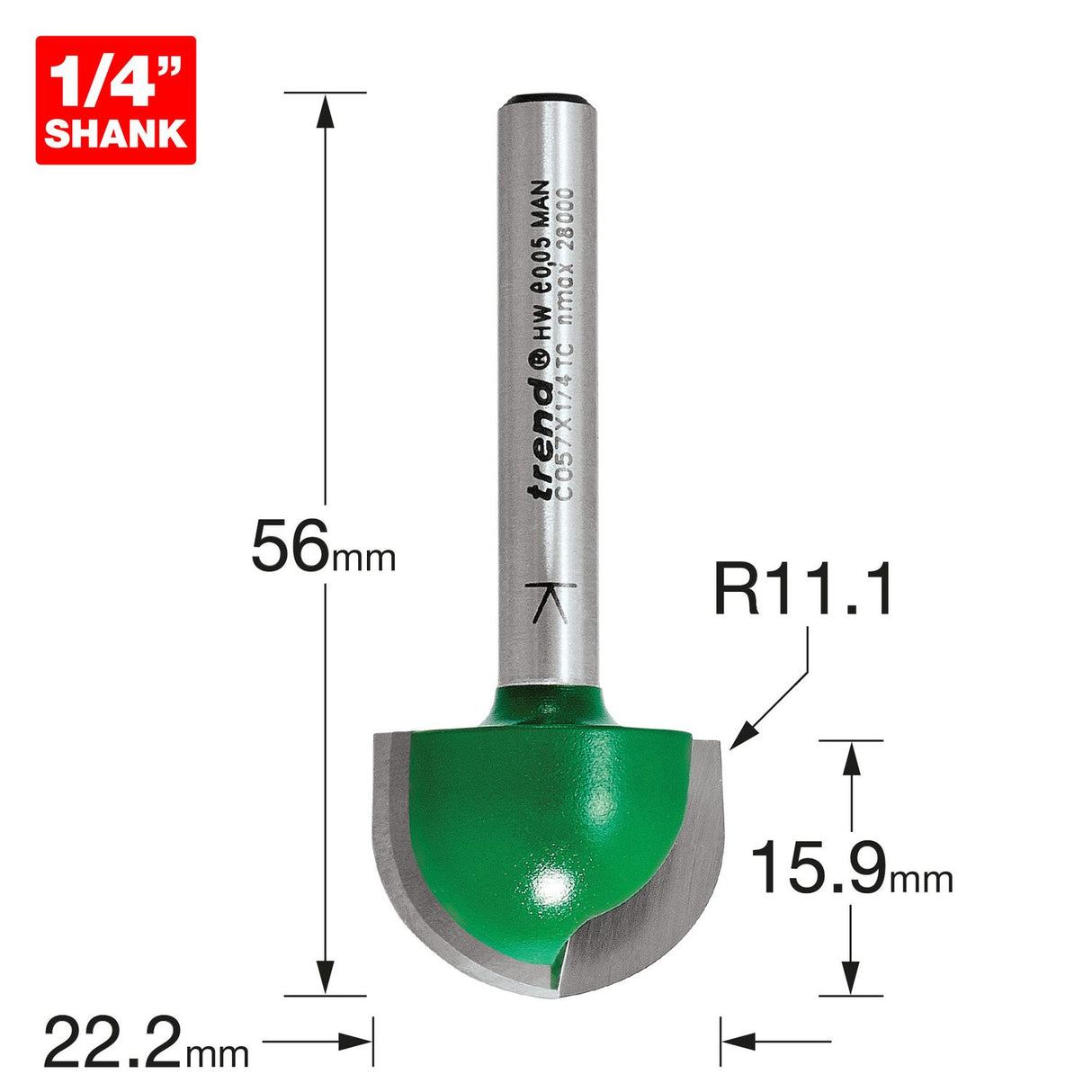 Radius 11.1mm Radius x 22.2mm Diameter
