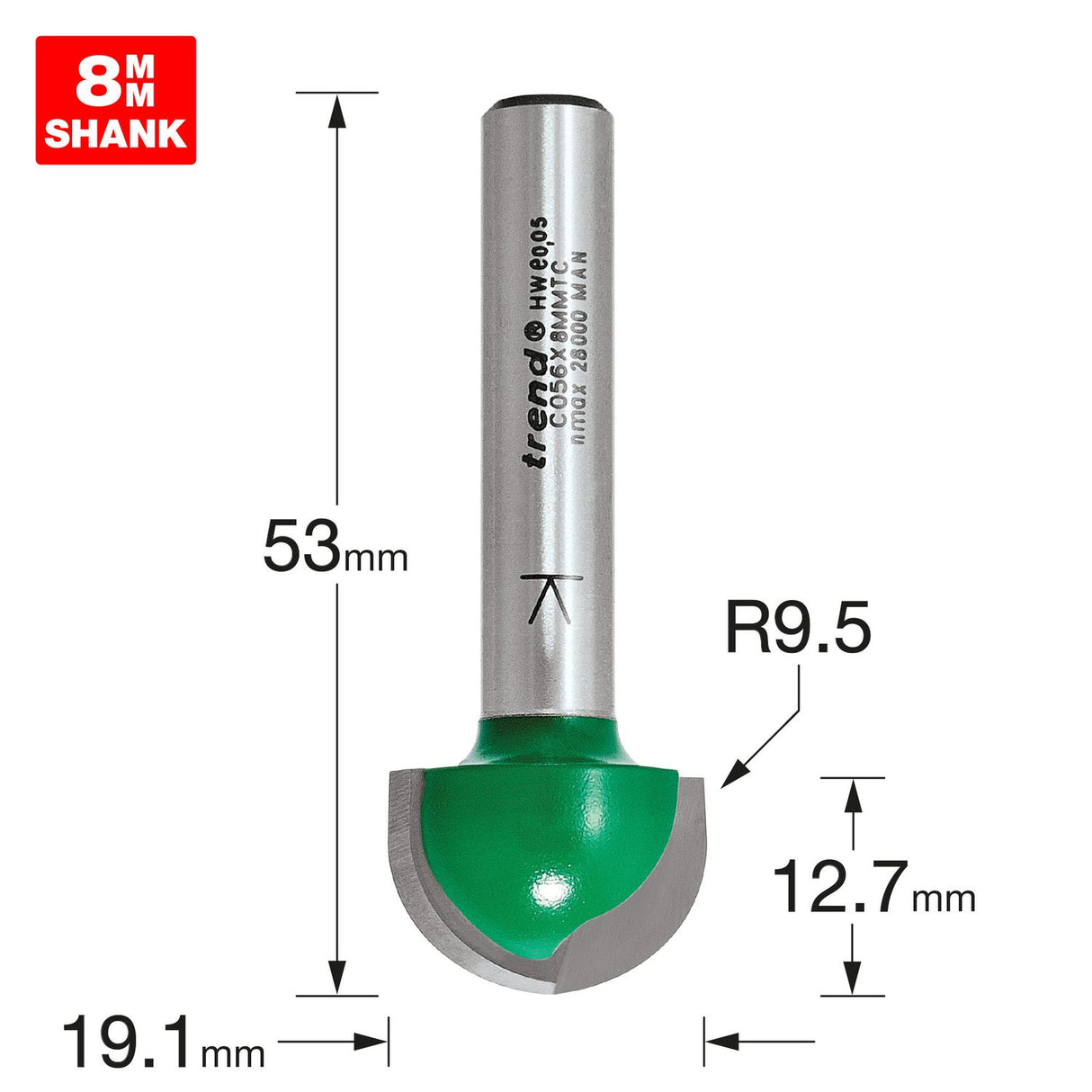Radius 9.5mm Radius x 19.1mm Diameter - C056X8MMTC