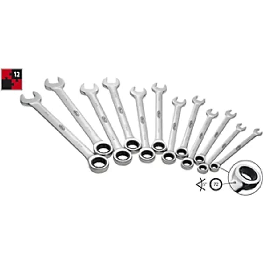 Ratchet Ring Spanner Set, Long Design, 12-piece, With Roll-Up Case