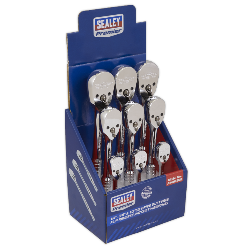 Ratchet Wrenches 1/4", 3/8" & 1/2" Square Drive Pear-head Flip Reverse Display, Box of 9