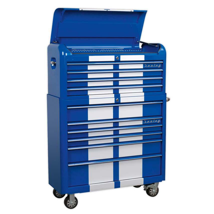 Retro Style Extra-wide Topchest & Rollcab Combination 10 Drawer Blue/White Stripes