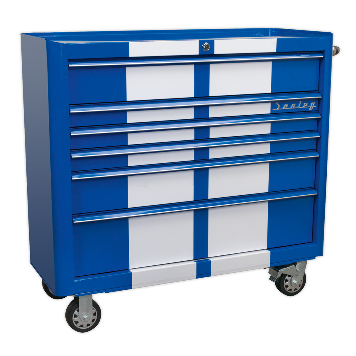 Rollcab 6 Drawer Wide Retro Style - Blue with White Stripes