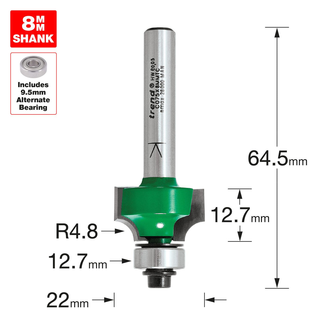Rounding over 4.8mm Radius x 12.7mm Cut - C075X8MMTC