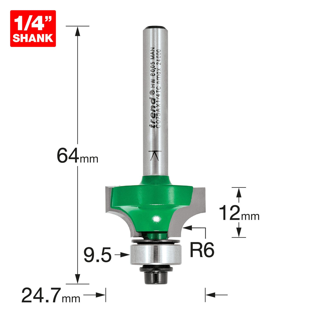 Rounding over 6.0mm Radius x 12mm Cut - C075AX1/4TC