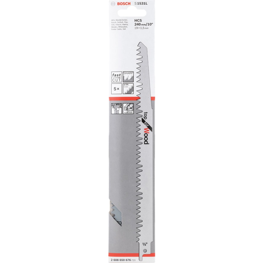 S 1531 L Top for Wood Sabre Saw Blade 240 x 19 x 1.5mm (2608650676), Pack of 5