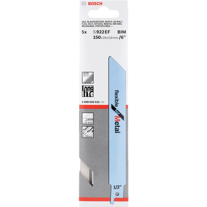 S 922 EF Flexible for Metal Sabre Saw Blades 150 x 19 x 0.9mm (2608656015), Pack of 5