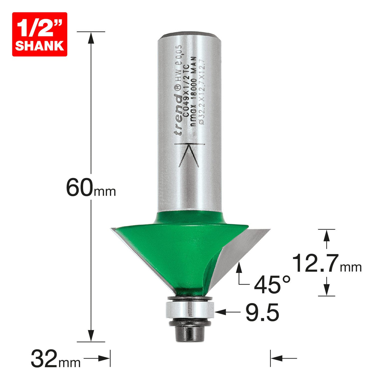 Self Guided Chamfer angle=45 Degrees x 12.7mm Cut - C049X1/2TC