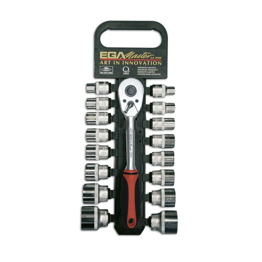 Set of 17 Pieces- Hex. Socket Wrenches and Reversible Ratchet Handle of 1/2" (5/16" -1.1/4") 6 Edges in Plastic Hanger