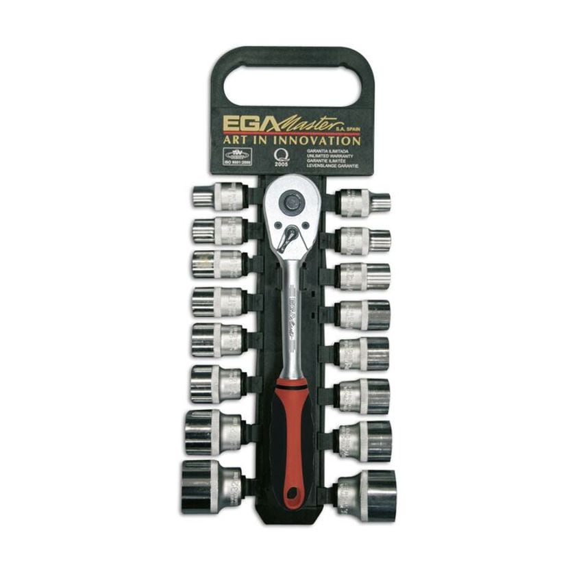 Set of 17 Pieces- Socket Wrenches and Reversible Ratchet Handle of 1/2" (10-32 mm) 12 Edges in Plastic Hanger