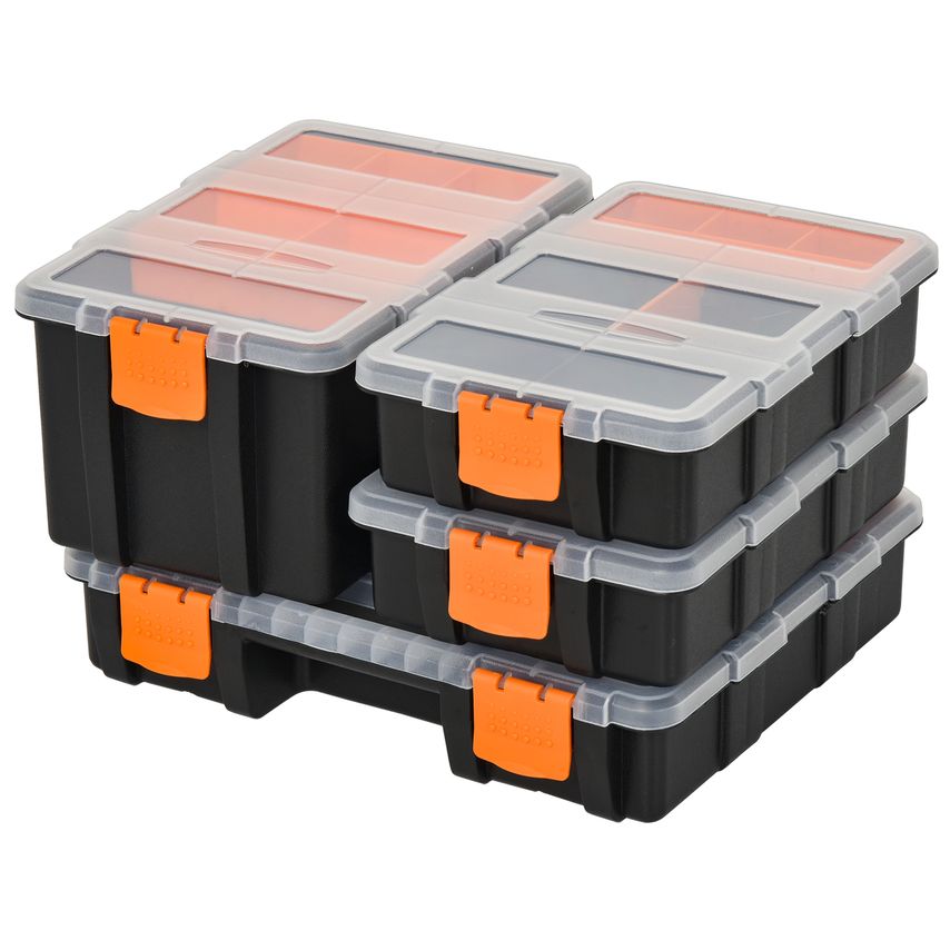 Set of 4 Plastic DIY Tool Storage Boxes w/Inside Dividers Locking Lids Stacking