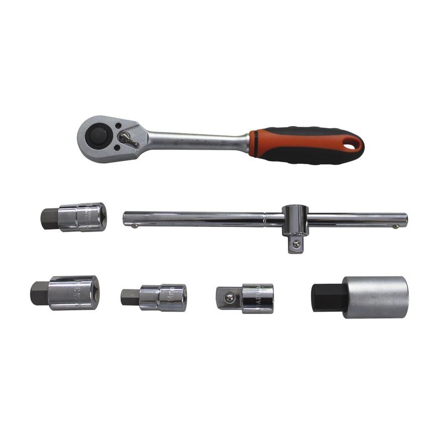 Set of 7 Pcs - Socket Bits 1/2" and 3/4" (Mm) Rev. Ratchetsliding T Handle Adapter 58710