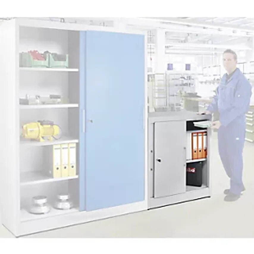 Sliding Door Cupboard, Height 1000mm, With 2 Shelves, Depth 500mm, Doors In Light Blue RAL 5012