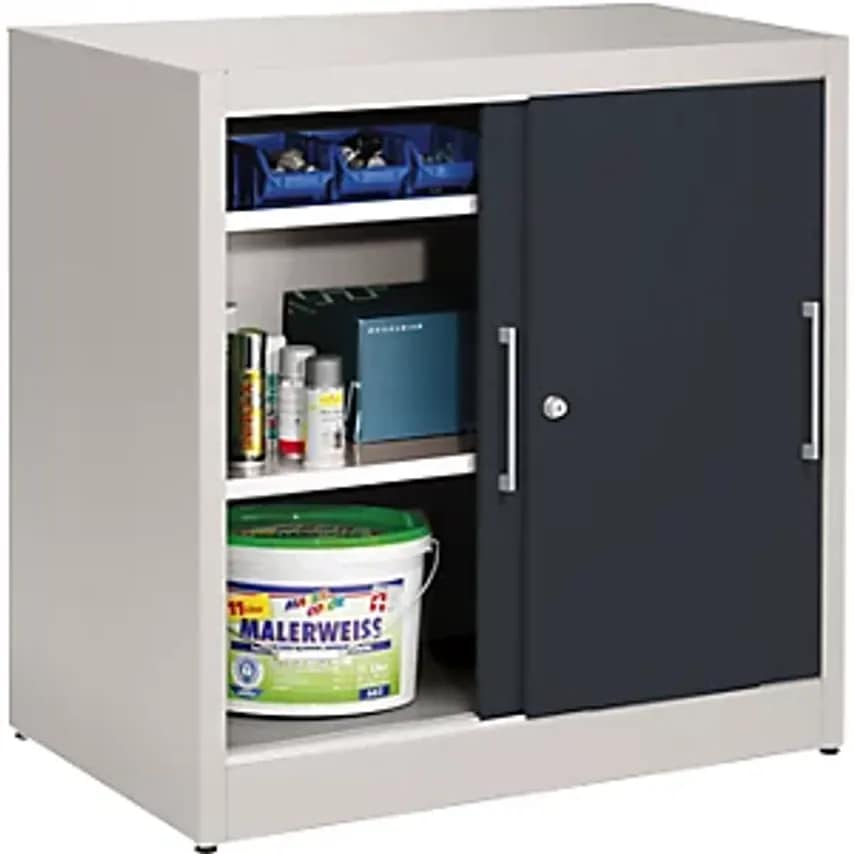 Sliding Door Cupboard, Height 1000mm, With 2 Shelves, Depth 600mm, Doors Charcoal RAL 7016