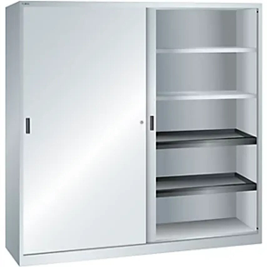 Sliding Door Cupboard With Solid Panel Doors, 4 Shelves, 4 Pull-Out Shelves, Light Grey