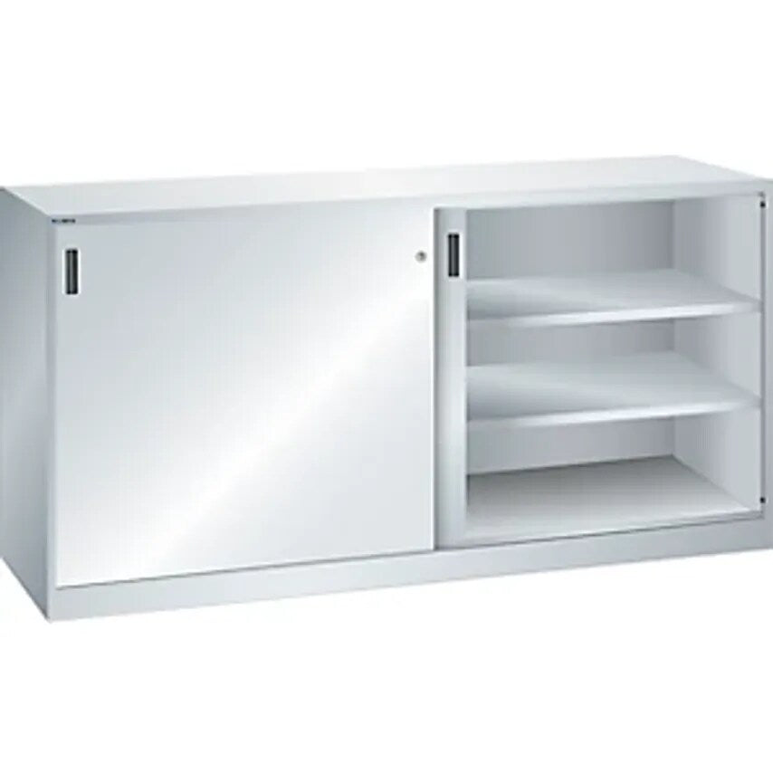 Sliding Door Cupboard With Solid Panel Doors, 4 Shelves, Light Grey