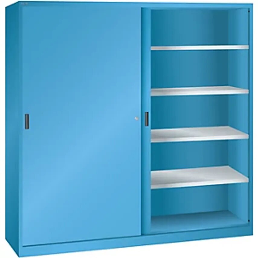 Sliding Door Cupboard With Solid Panel Doors, 8 Shelves, Light Blue