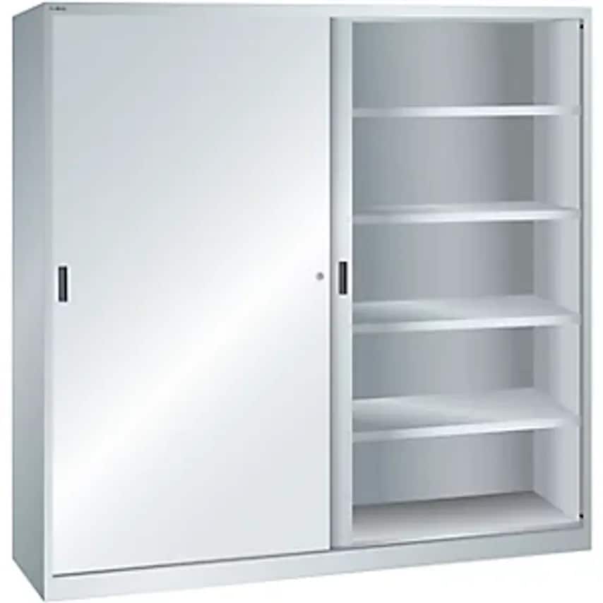Sliding Door Cupboard With Solid Panel Doors, 8 Shelves, Light Grey