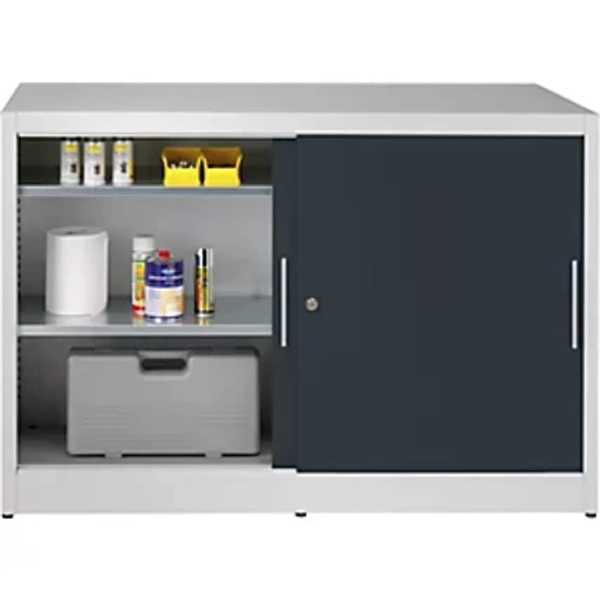 Sliding Door Cupboard - Height 1000mm - With Centre Partition And 2 X 2 Shelves, Width 1500mm, Depth 600mm, Doors Charcoal RAL 7016