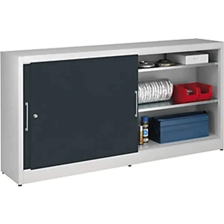 Sliding Door Cupboard - Height 1000mm - With Centre Partition And 2 X 2 Shelves, Width 2000mm, Depth 420mm, Doors Charcoal RAL 7016