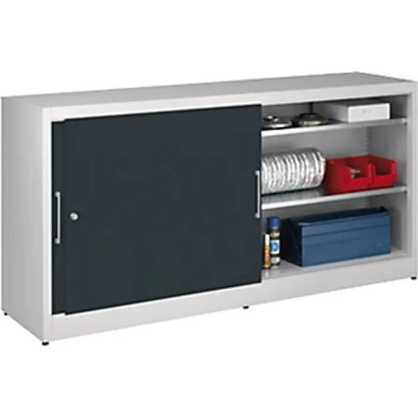 Sliding Door Cupboard - Height 1000mm - With Centre Partition And 2 X 2 Shelves, Width 2000mm, Depth 500mm, Doors Charcoal RAL 7016