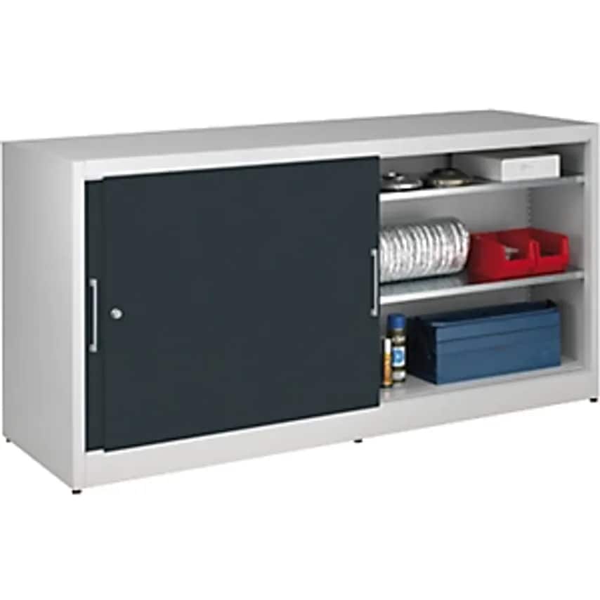 Sliding Door Cupboard - Height 1000mm - With Centre Partition And 2 X 2 Shelves, Width 2000mm, Depth 600mm, Doors Charcoal RAL 7016