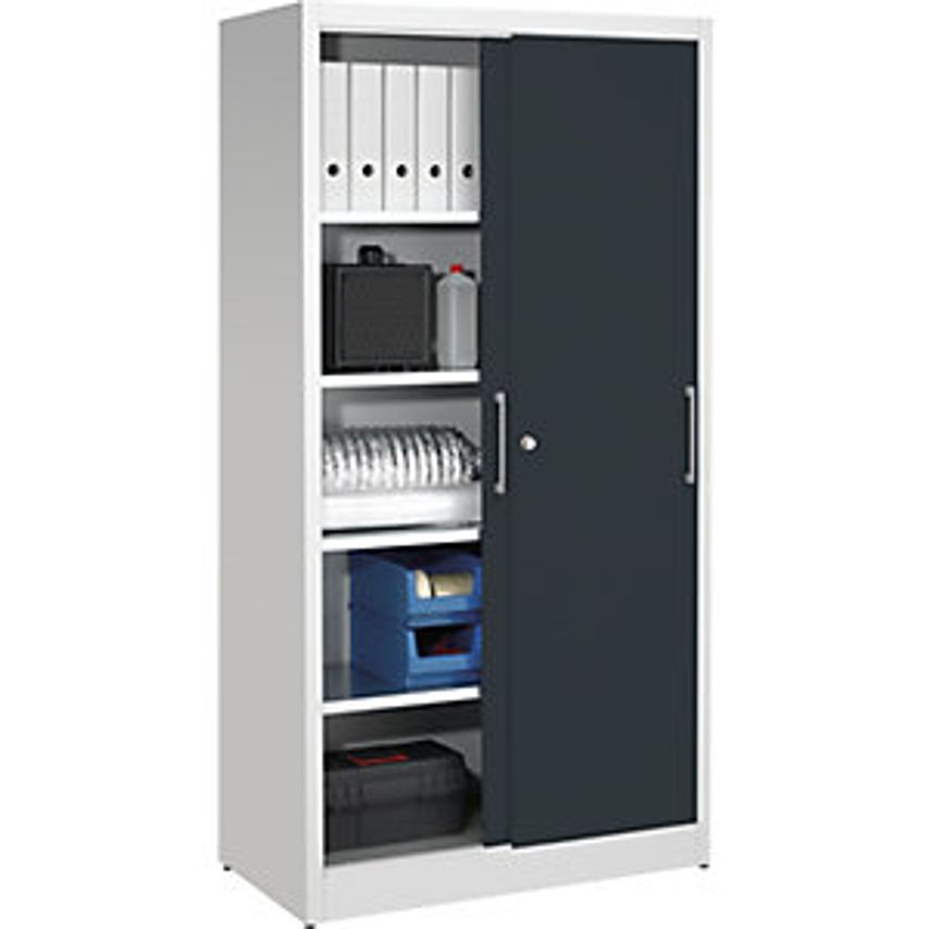 Sliding Door Cupboard - Height 1950mm - With 4 Shelves, Width 1000mm, Depth 500mm, Doors Charcoal RAL 7016