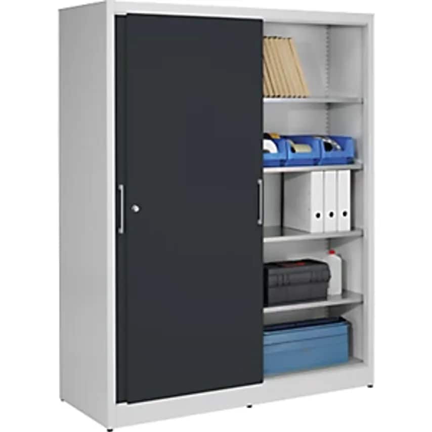 Sliding Door Cupboard - Height 1950mm - With Centre Partition And 2 X 4 Shelves, Width 1500mm, Depth 600mm, Doors Charcoal RAL 7016