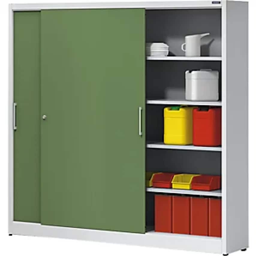 Sliding Door Cupboard - Height 1950mm - With Centre Partition And 2 X 4 Shelves, Width 2000mm, Depth 420mm, Doors In Reseda Green RAL 6011