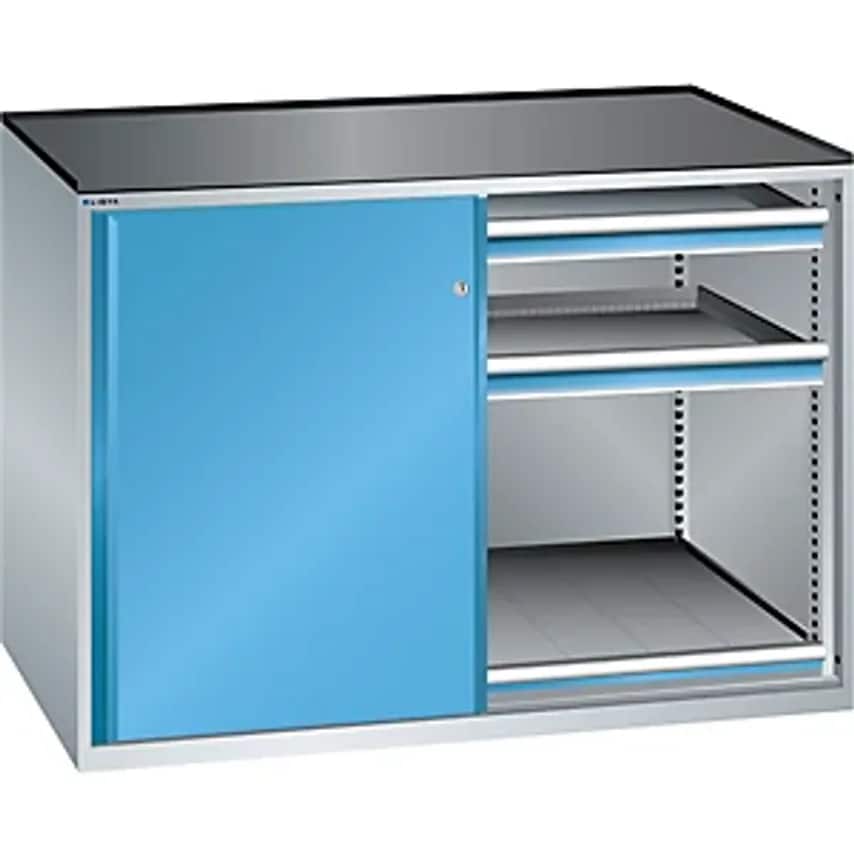 Sliding Door Cupboard - Max. Load Of Pull-Out Shelf 75 Kg - 4 Drawers, Light Grey/Light Blue