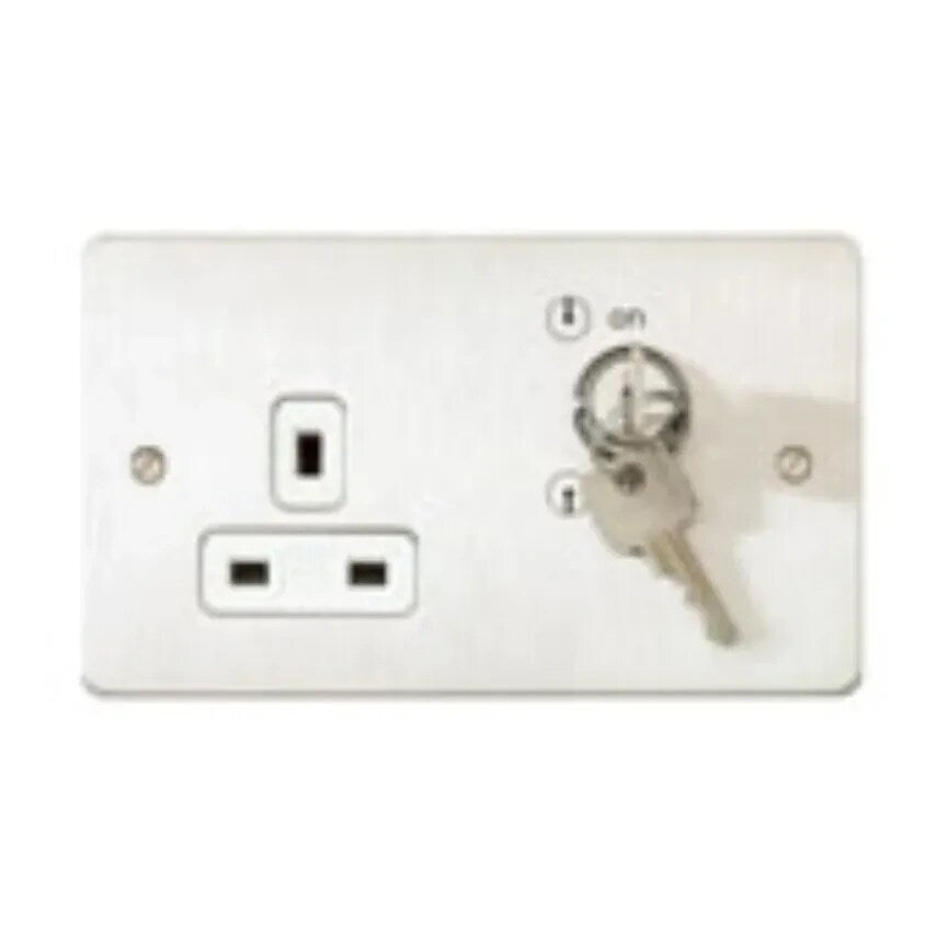 Socket 1G DP Lockable Dual Earth 13A Brushed Steel Black Inserts