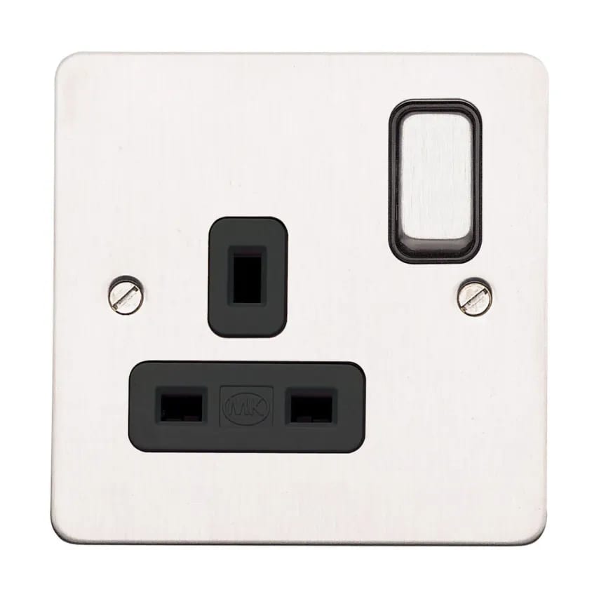 Socket 1G Switch DP Dual Earth 13A Brushed SS Black Inserts