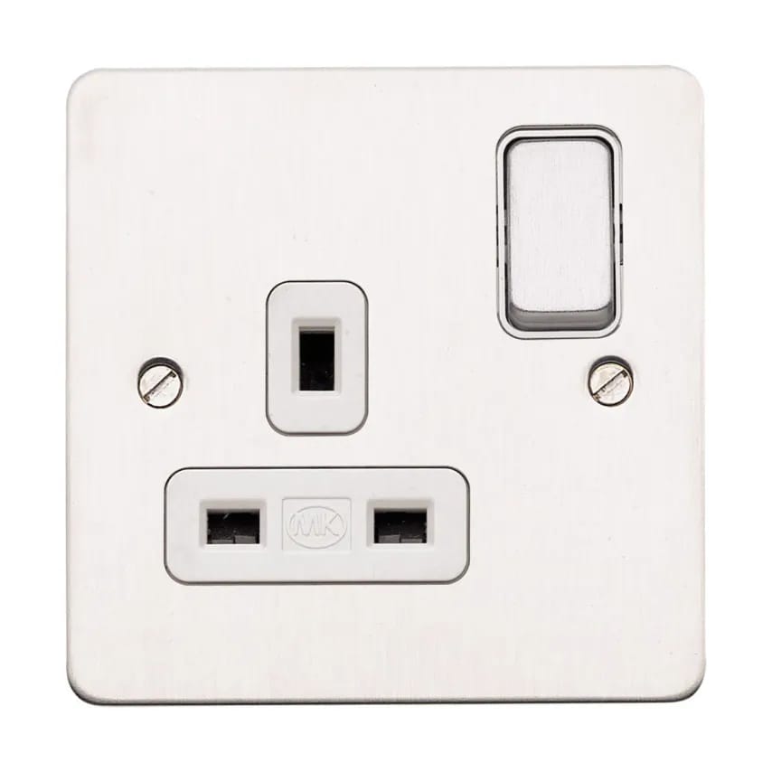 Socket 1G Switch DP Dual Earth 13A Brushed SS White Inserts