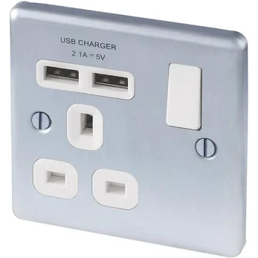 Socket 1 Gang Switched DP 2A 5V Brushed Stainless Steel 2 Port USB Charg - K24354BSSW