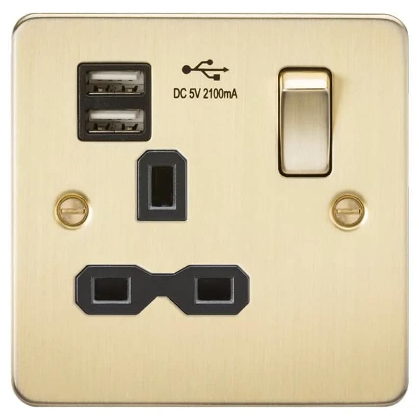 Socket 1 Gang Switched DP 2A 5V Sat Gold 2 Port USB Charger White In
