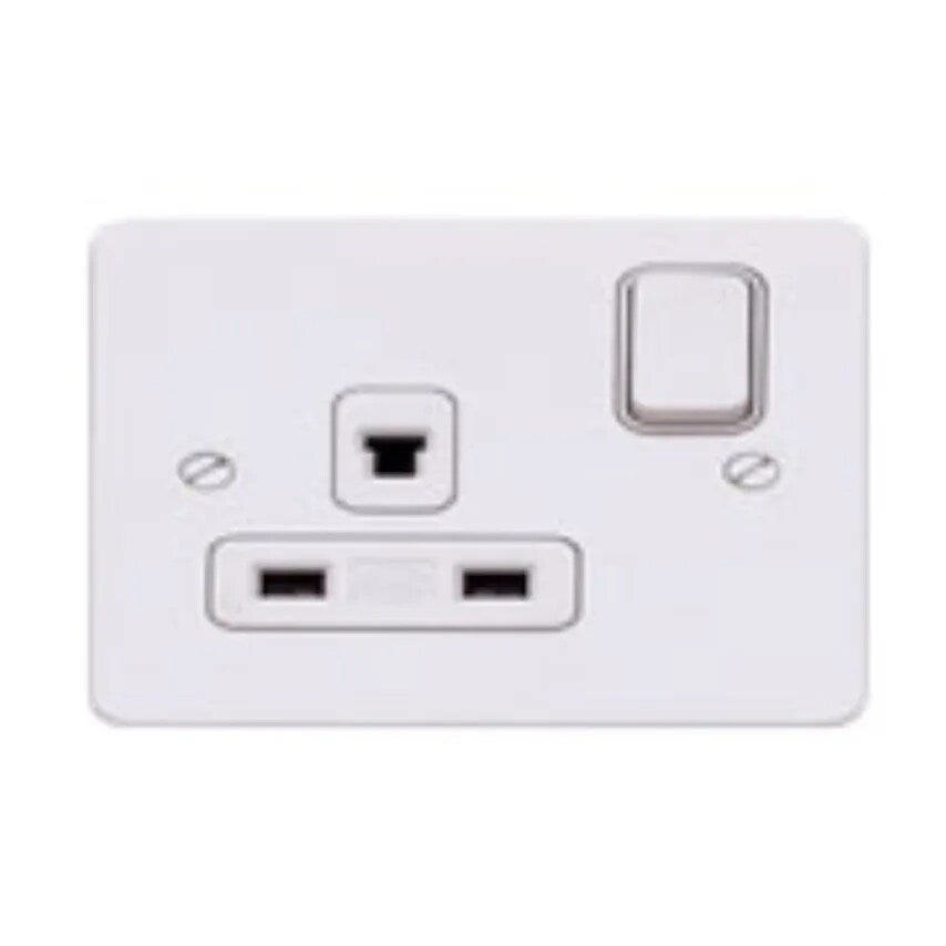 Socket 1 Gang Switched DP Clean Earth 13A Lacquered Brushed Steel White