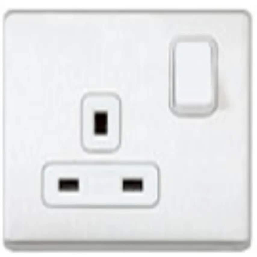 Socket 1 Gang Switched DP Lacquered Brushed Stainless Steel White Inserts