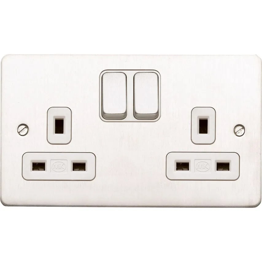 Socket 2G Switch DP Dual Earth 13A Brushed SS White Inserts