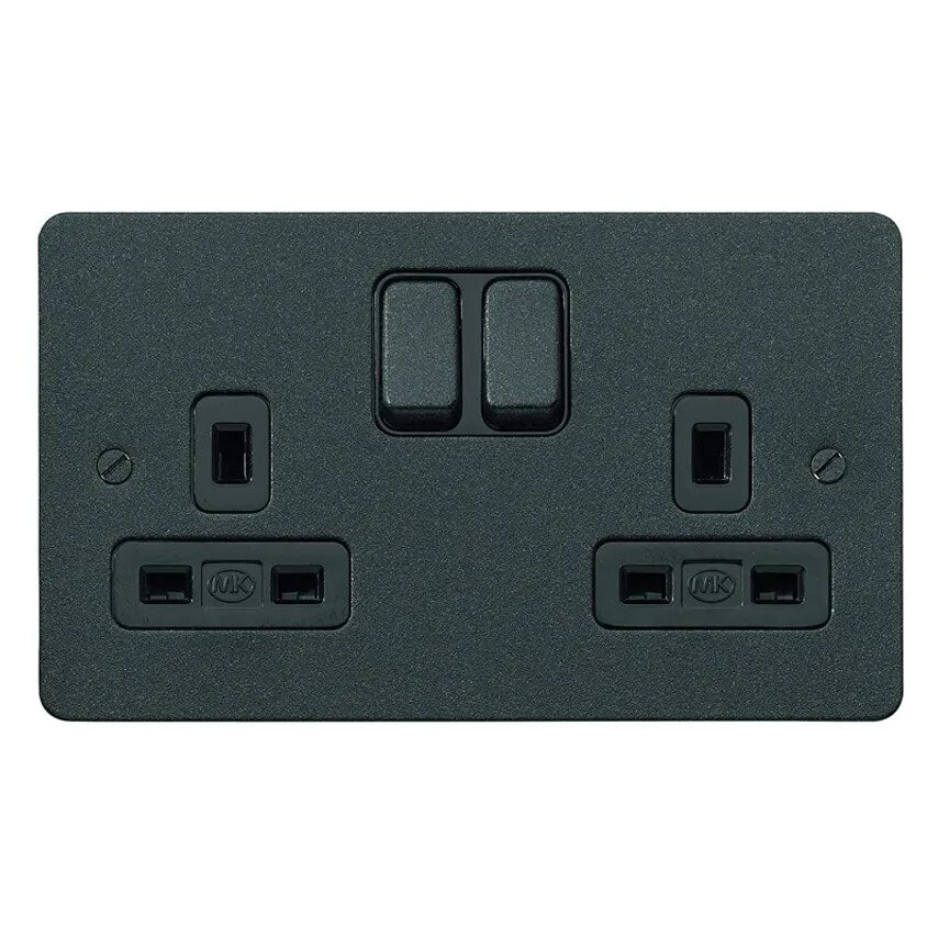 Socket 2G Switched DP Dual Earth 13A Lustrous Black Blks