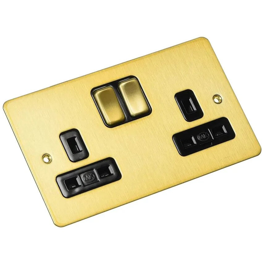 Socket 2 Gang Switched DP Dual Earth 13A Sat Gold Black Inserts - K14347SAGB