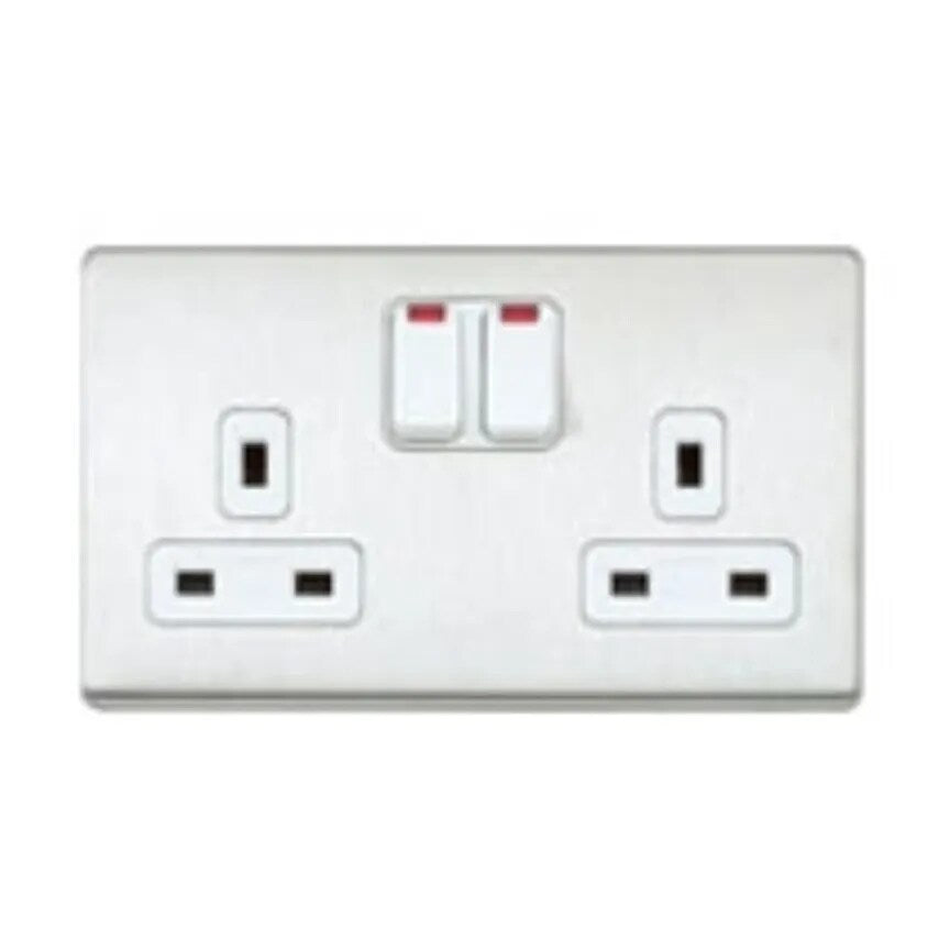 Socket 2 Gang Switched DP Lacquered Brushed Stainless Steel Black Inserts