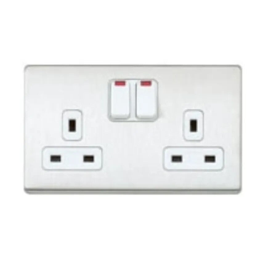 Socket 2 Gang Switched DP Neon Dual Earth 13A Sat Gold White Inserts