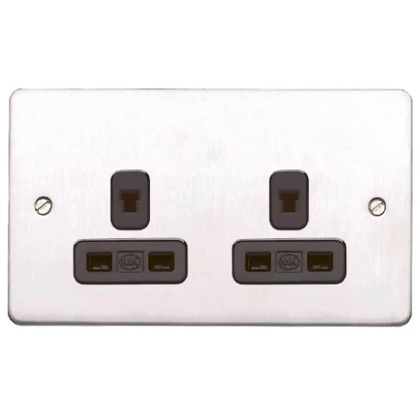 Socket 2 Gang Unswitched Clean Earth 13A Brushed Stainless Steel Black INS