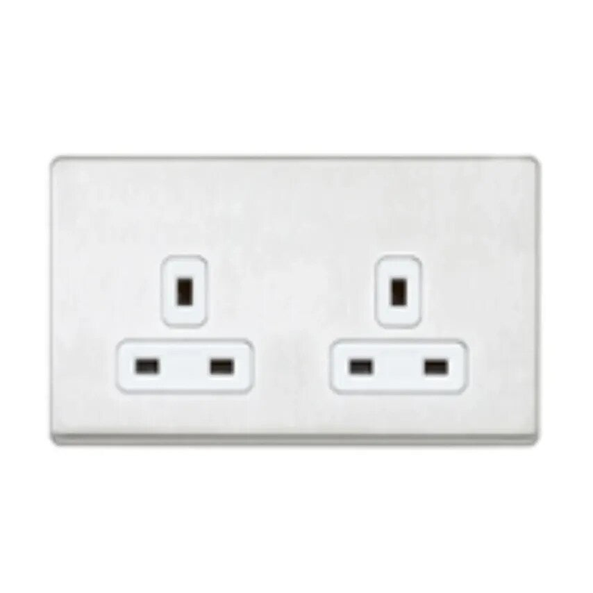 Socket 2 Gang Unswitched Dual Earth 13A Lacquered Brushed Steel White I - K24781LBSW