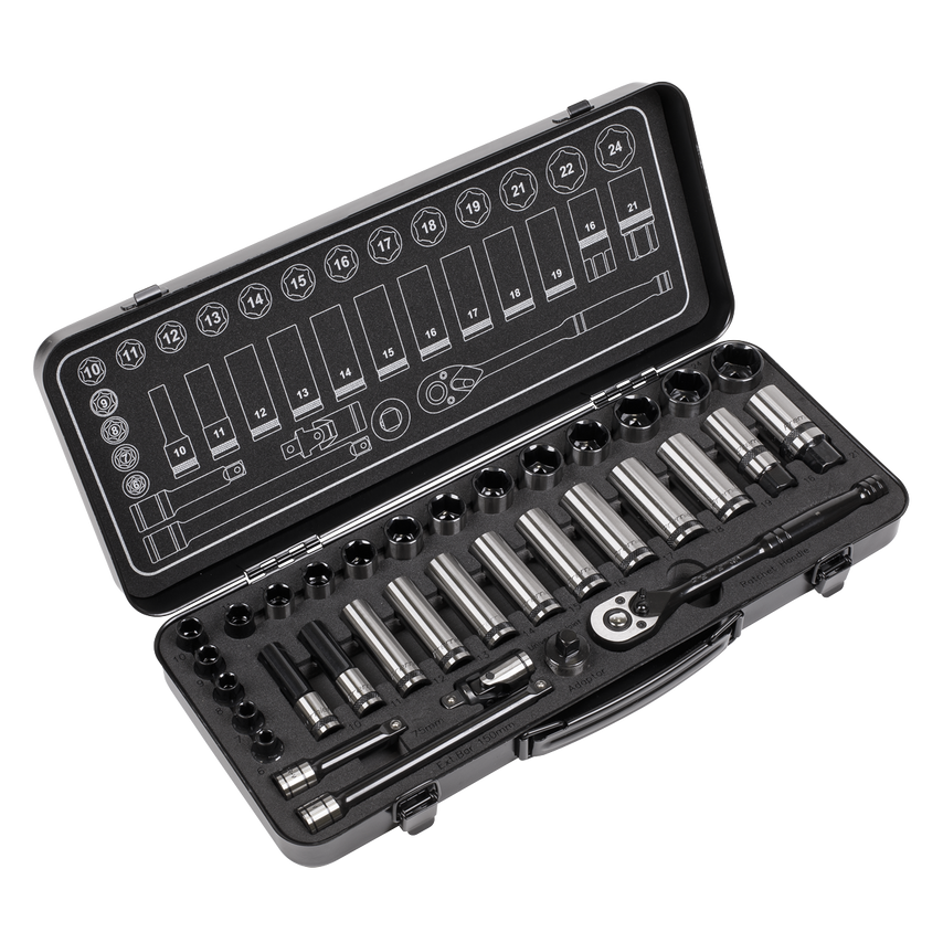 Socket Set34 Piece 3/8" Square Drive 6PT WallDrive Metric Black Series